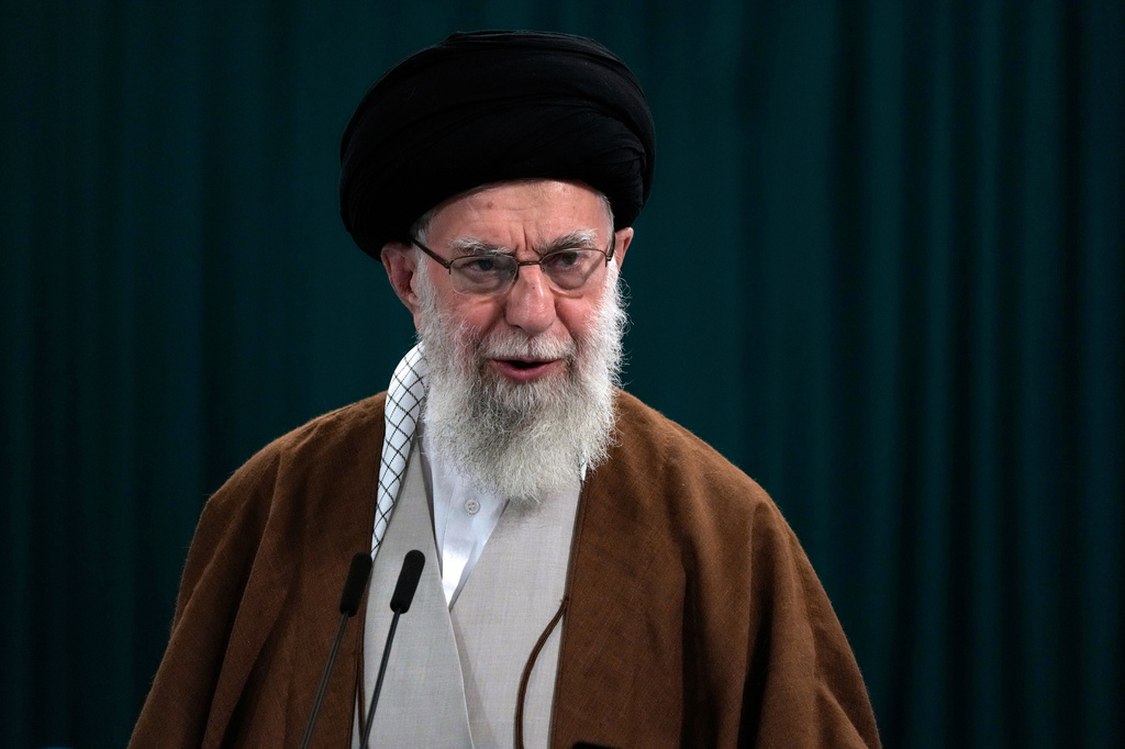 FILE - Ayatollah Ali Khamenei, then Iran's supreme leader, speaks with the media after he voted in parliamentary runoff elections in Tehran, Iran, May 10, 2024. (AP Photo/Vahid Salemi, File)