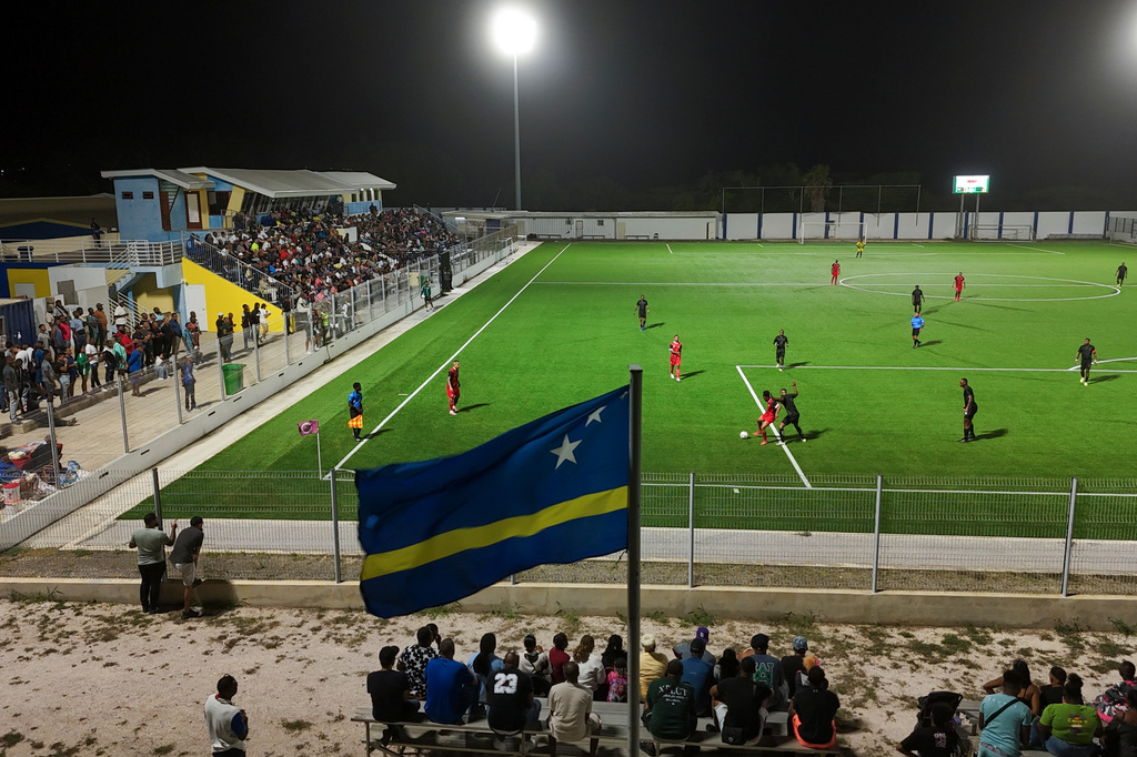 Inter Willemstad and Centro Dominguito play a local league soccer match in Willemstad, Curacao, Friday, May 15, 2026. (AP Photo/Matias Delacroix)