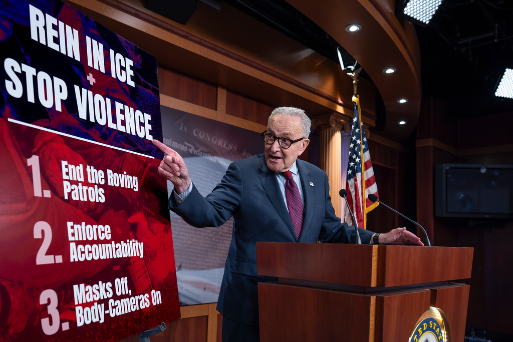 Senate Minority Leader Chuck Schumer, D-N.Y., speaks to reporters at the Capitol in Washington, Thursday, Feb. 12, 2026. (AP Photo/J. Scott Applewhite)