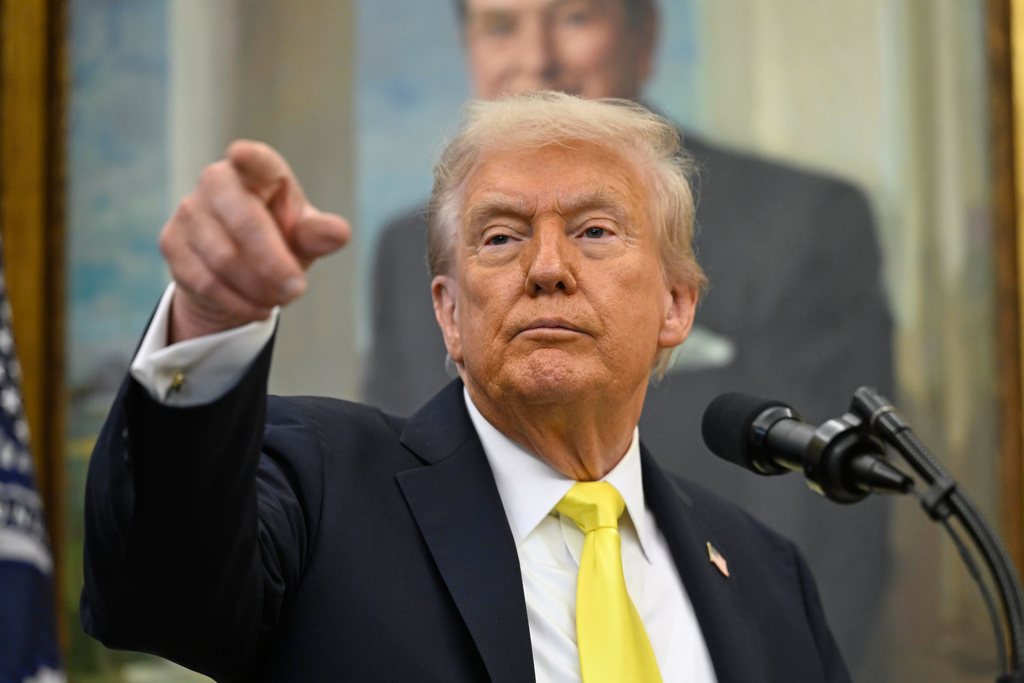 President Donald Trump speaks during an event in the Oval Office at the White House, Wednesday, Oct. 15, 2025, in Washington. (AP Photo/John McDonnell)