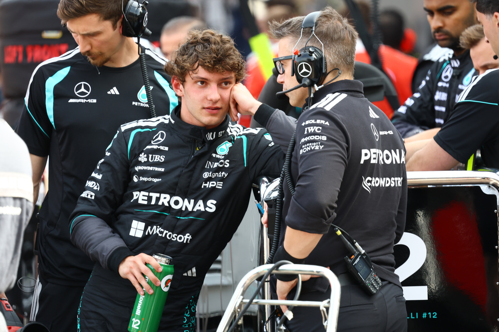 Mercedes driver Andrea Kimi Antonelli, of Italy, stands at the pit after the red flag during the Formula One Monaco Grand Prix race at the Monaco racetrack, Sunday, June 7, 2026. (Yves Herman, Pool Photo via AP)