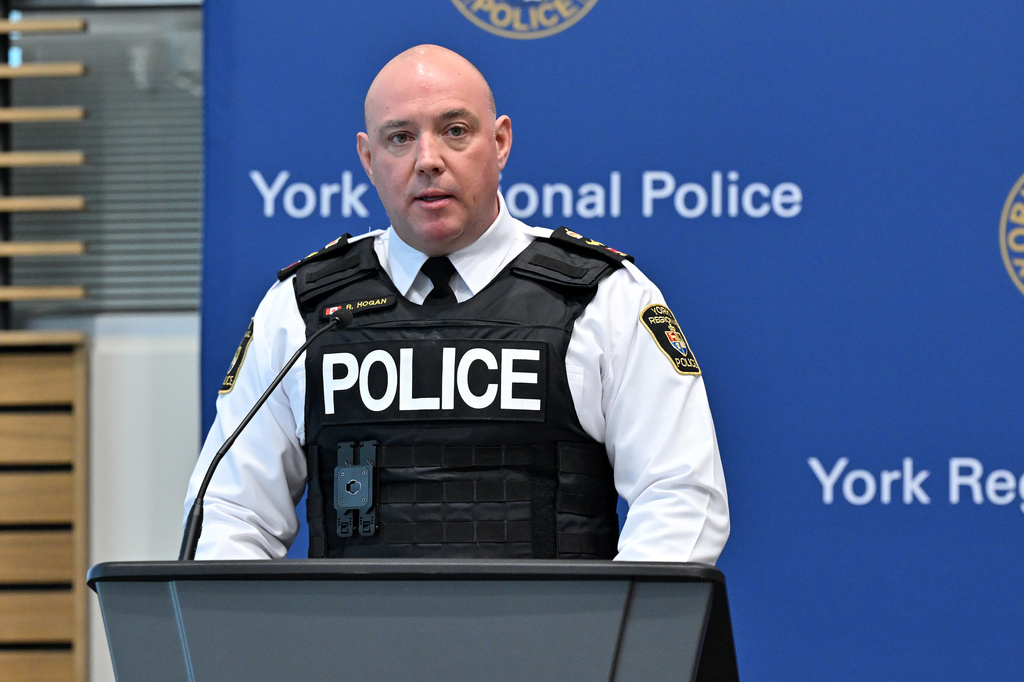 York regional police deputy chief Ryan Hogan speaks during a news conference to announce the results of 'Project South,' a lengthy investigation into organized crime and corruption at York regional police headquarters in Aurora, Ont. on Thursday, Feb. 5, 2026. (Jon Blacker /The Canadian Press via AP)
