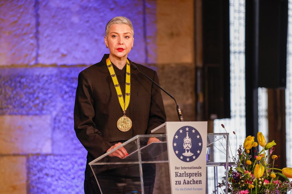 Laureate Maria Kolesnikova speaks after receiving the International Charlemagne Prize in Aachen, Germany, Saturday, March 14, 2026. (Thomas Banneyer/dpa via AP)