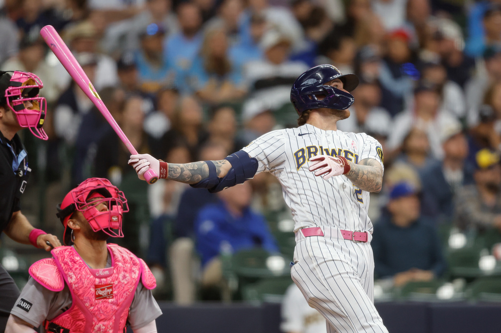 Milwaukee Brewers' Brice Turang watches his walk off home run in the ninth inning against the New York Yankees, Sunday, May 10, 2026, in Milwaukee. (AP Photo/Jeffrey Phelps)