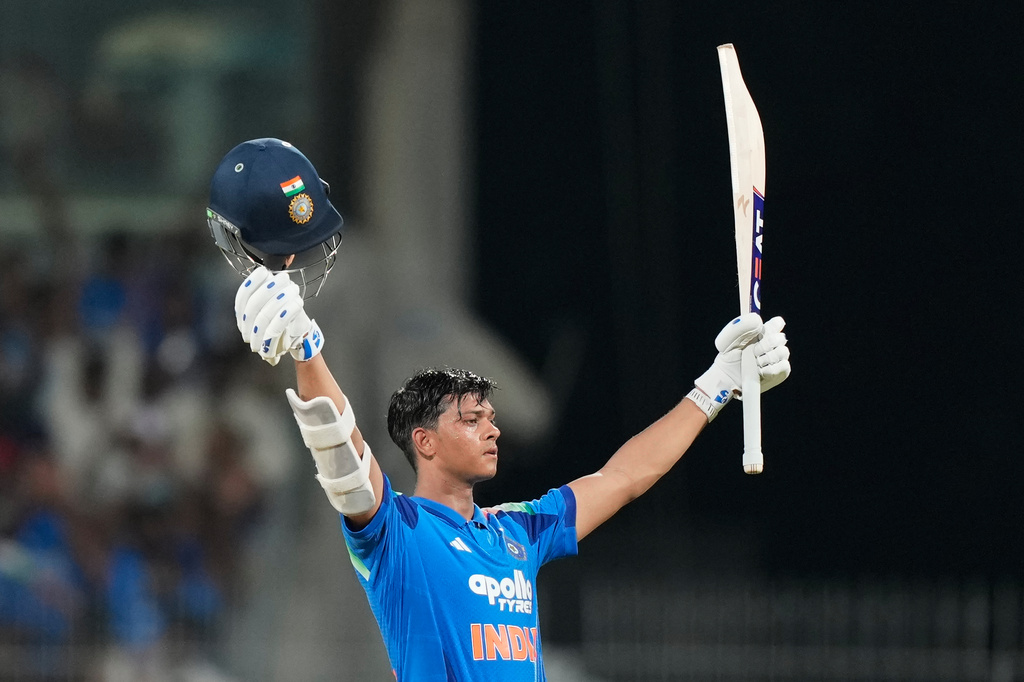 India's Yashasvi Jaiswal celebrates his century during the third ODI cricket match between Afghanistan and India in Chennai, India, Saturday, June 20, 2026. (AP Photo/Mahesh Kumar A.)