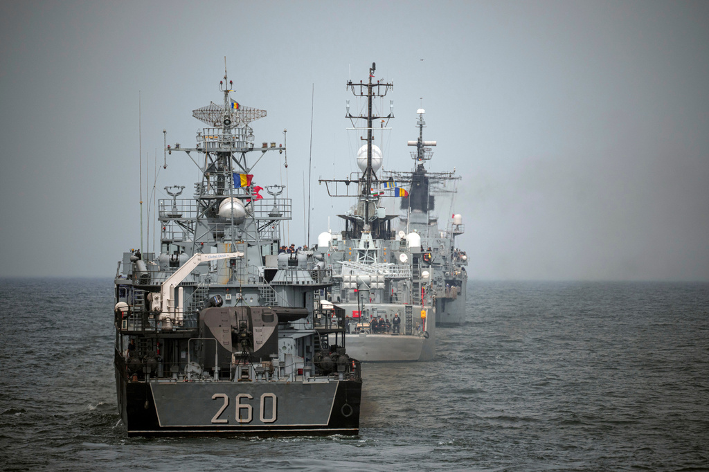 FILE - Romanian warships sail during a Romanian Navy led exercise outside Constanta, Romania, on April 16, 2024. (AP Photo/Andreea Alexandru, File)
