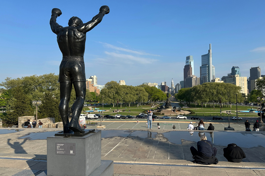 The Rocky statue overlooks the city skyline outside the Philadelphia Museum of Art in Philadelphia, Wednesday, April 22, 2026. (AP Photo/Tassanee Vejpongsa)
