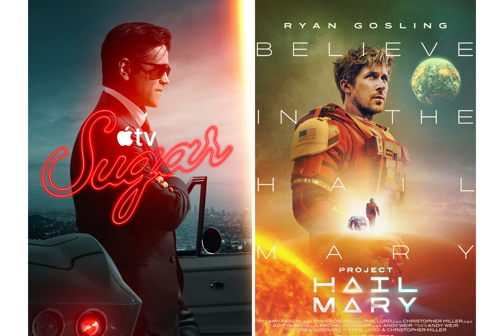 This combination of images shows promotional art for the series "Sugar," left, and the film "Project Hail Mary." (Apple TV+/Amazon MGM Studios via AP)