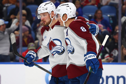 Colorado Avalanche defenseman Cale Makar (8) right, celebrates his goal with right wing Valeri Nichushkin (13) during the second period of an NHL hockey game against the Buffalo Sabres Monday, Oct. 13, 2025, in Buffalo, N.Y. (AP Photo/Jeffrey T. Barnes) Colorado Avalanche defenseman Cale Makar (8) right, celebrates his goal with right wing Valeri Nichushkin (13) during the second period of an NHL hockey game against the Buffalo Sabres Monday, Oct. 13, 2025, in Buffalo, N.Y. (AP Photo/Jeffrey T. Barnes)