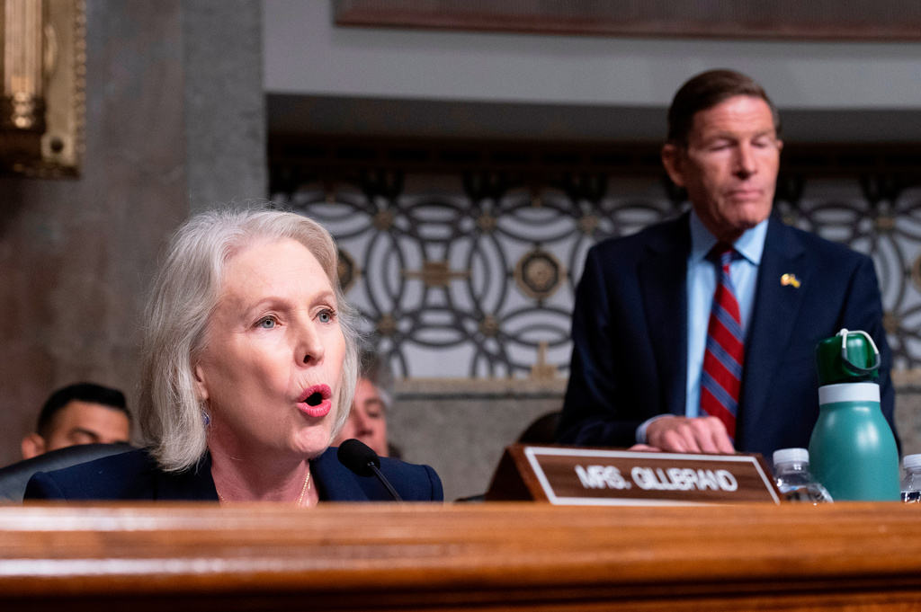 Sen. Kirsten Gillibrand, D-N.Y., questions Secretary of Defense Pete Hegseth, as Sen. Richard Blumenthal, D-Conn. looks on during the Senate Armed Services Committee, on Capitol Hill, in Washington, Thursday, April 30, 2026. (AP Photo/Cliff Owen)