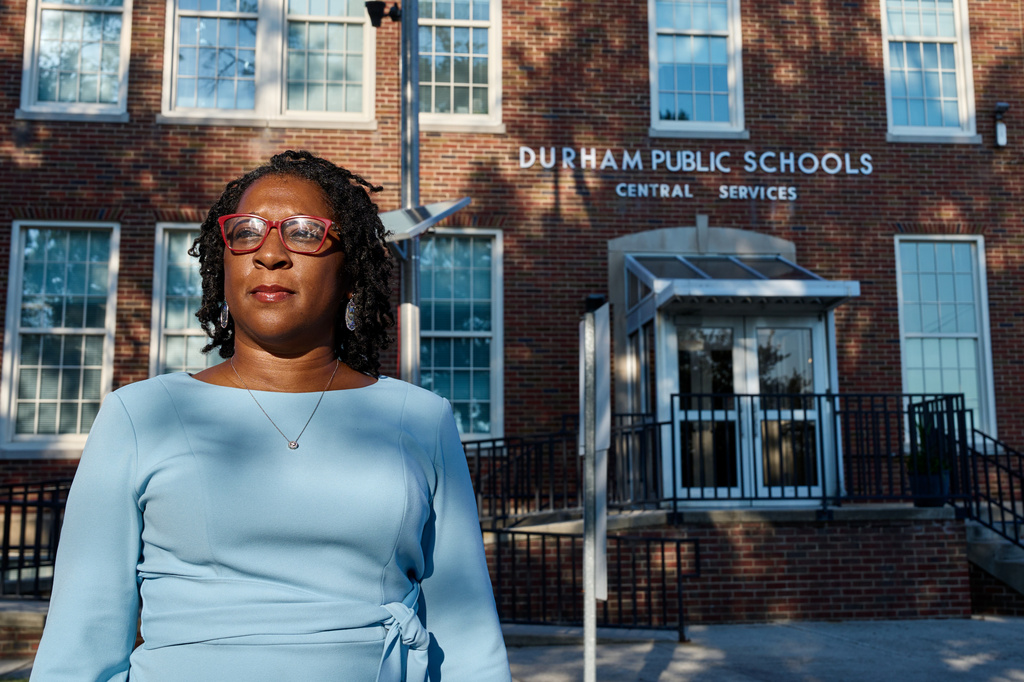Jovonia Lewis poses for a portrait outside of the Durham Board of Education building on Monday, Sept. 21, 2026, in Durham, N.C. (AP Photo/Matt Ramey)