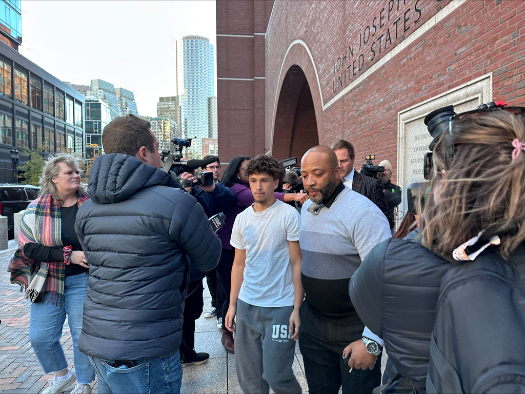 Dominick Frank Cardoza, one of the two suspects accused in connection with a weekend explosion at Harvard Medical School, leaves federal court, Tuesday, Nov. 4, 2025 in Boston. (AP Photos/Michael Casey)