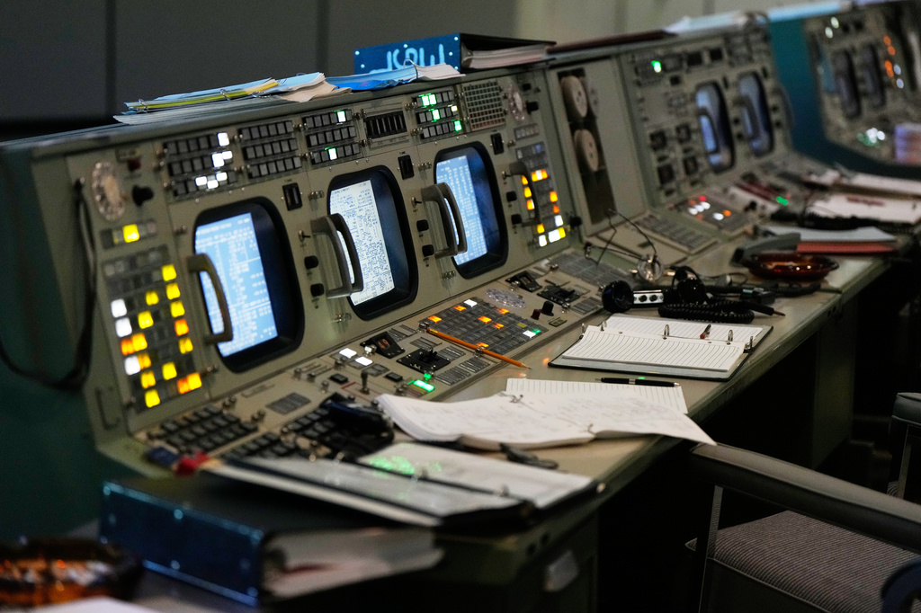 Artifacts sit in the Apollo Mission Control room at Johnson Space Center on Thursday, July 24, 2025, in Houston. (AP Photo/Ashley Landis)