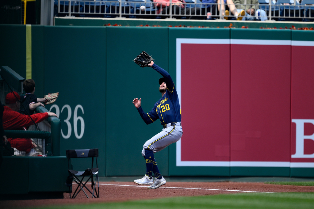 Milwaukee Brewers left fielder Brandon Lockridge (20) prepares to catch a fly ball hit by Washington Nationals' Luis García Jr. for an out during the first inning of a baseball game, Sunday, May 3, 2026, in Washington. (AP Photo/Nick Wass)