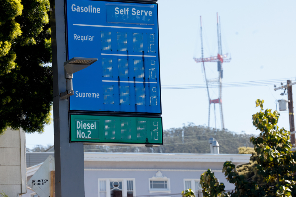 Regular gas is seen advertised in a sign at over five dollars a gallon at a gas station on Thursday, March 5, 2026, in San Francisco. (Lea Suzuki/San Francisco Chronicle via AP)