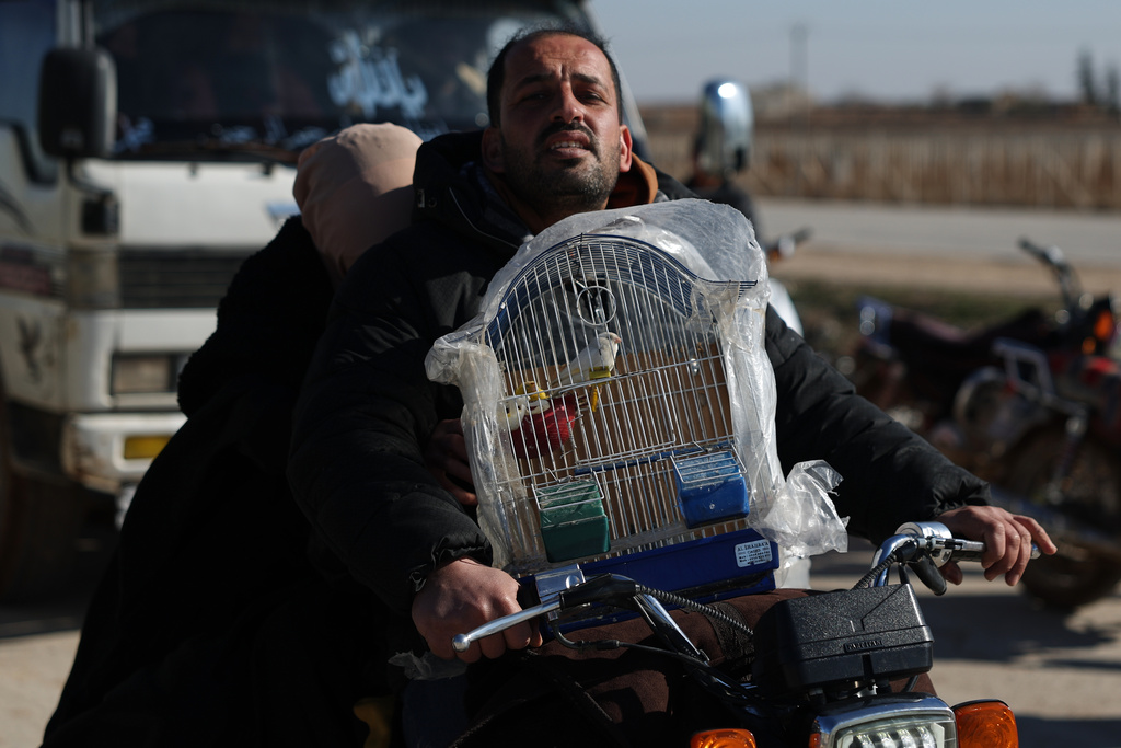 FILE - A displaced Syrian man rides a motorcycle carrying a birdcage near a humanitarian crossing declared by the Syrian army in the village of Hamima, in the eastern Aleppo countryside, near the front line with the Kurdish-led Syrian Democratic Forces in Deir Hafer, Syria, Thursday, Jan. 15, 2026. (AP Photo/Ghaith Alsayed)