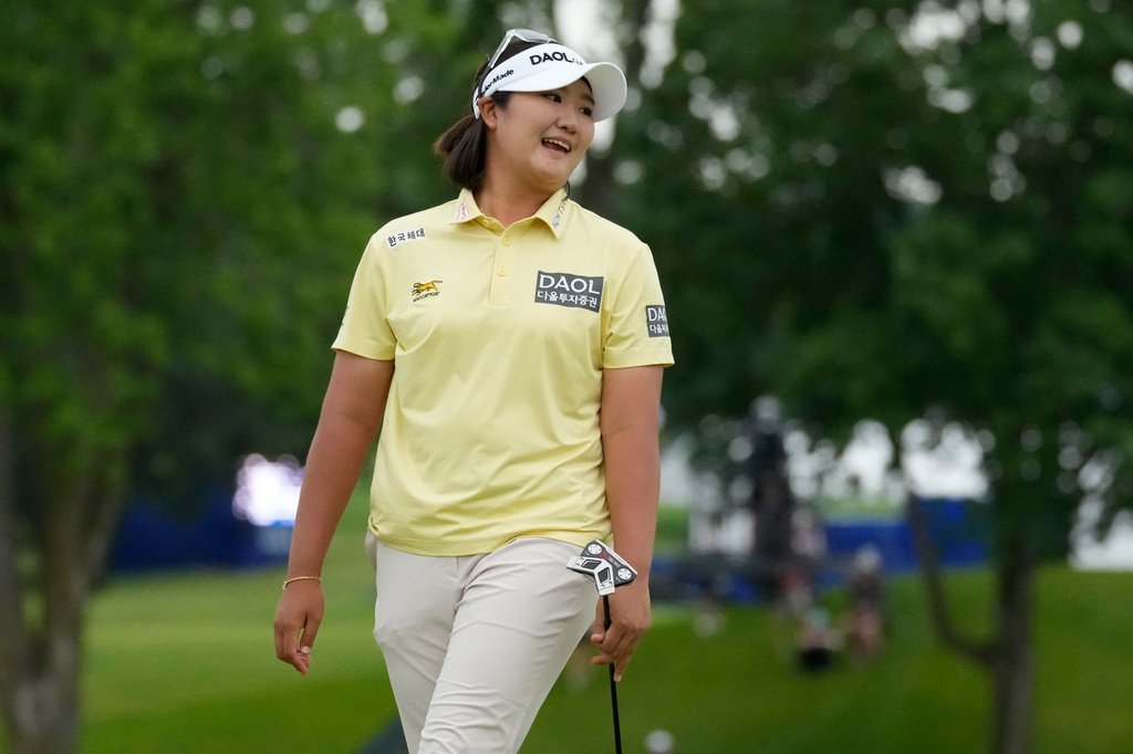 Haeran Ryu, of South Korea, reacts on the 18th green after a putt during the final round of the Women's PGA Championship golf tournament at Hazeltine National Golf Club, Sunday, June 28, 2026, in Chaska, Minn. (AP Photo/Chris Carlson)
