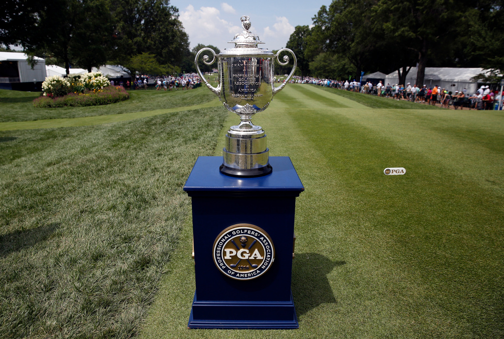 FILE - The Wanamaker Trophy is displayed during the first round of the PGA Championship golf tournament at Bellerive Country Club, Thursday, Aug. 9, 2018, in St. Louis. (AP Photo/Brynn Anderson, File)