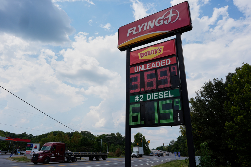 Fuel prices are displayed outside a truck stop Friday, Sept. 4, 2026, in Fairview, Tenn. (AP Photo/George Walker IV)