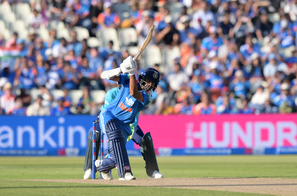 India's Washington Sundar hits a six during the first ODI cricket match between England and India in Birmingham, England, Tuesday, July 14, 2026. (Gary Oakley/PA via AP)