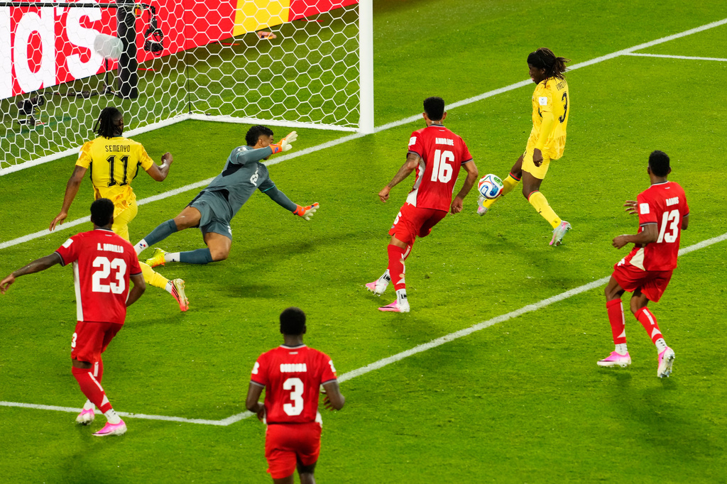 Ghana's Caleb Yirenkyi, top right, scores the opening goal on Panama goalkeeper Orlando Mosquera (22) during the World Cup Group L soccer match between Ghana and Panama in Toronto, Wednesday, June 17, 2026. (Chris Young/The Canadian Press via AP)