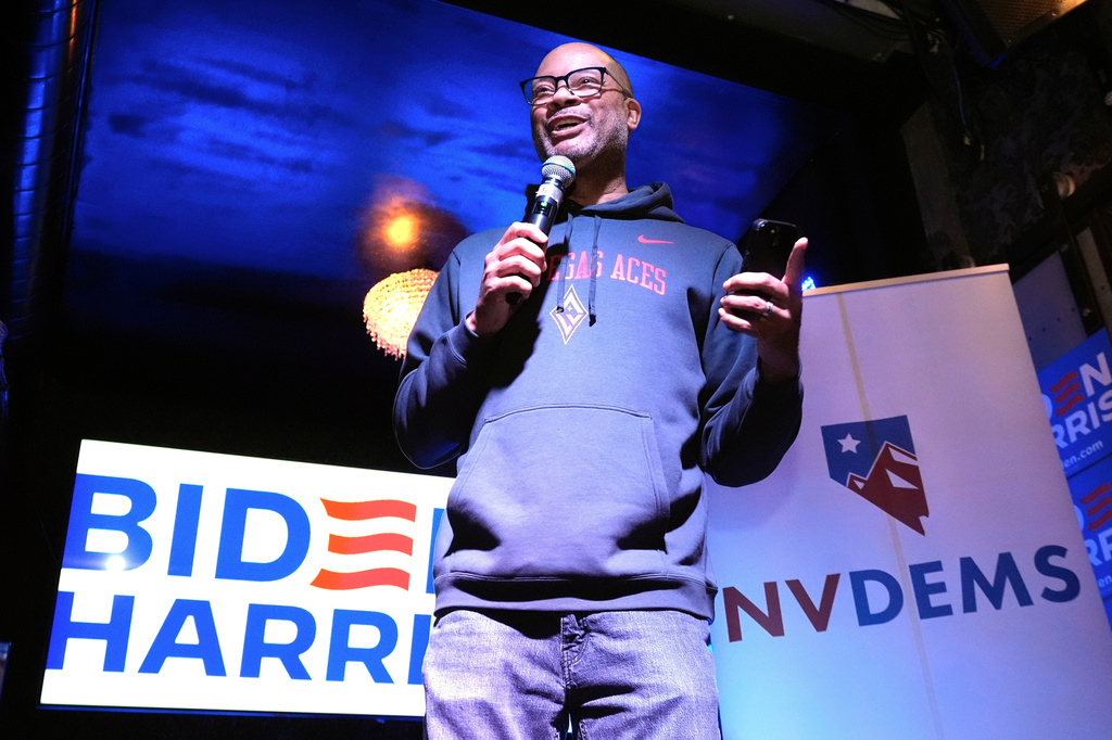 FILE - Nevada Attorney General Aaron Ford speaks at the Biden-Harris for Nevada team first-in-the-West celebration, Feb. 6, 2024, in Las Vegas. (AP Photo/Mark J. Terrill, File)