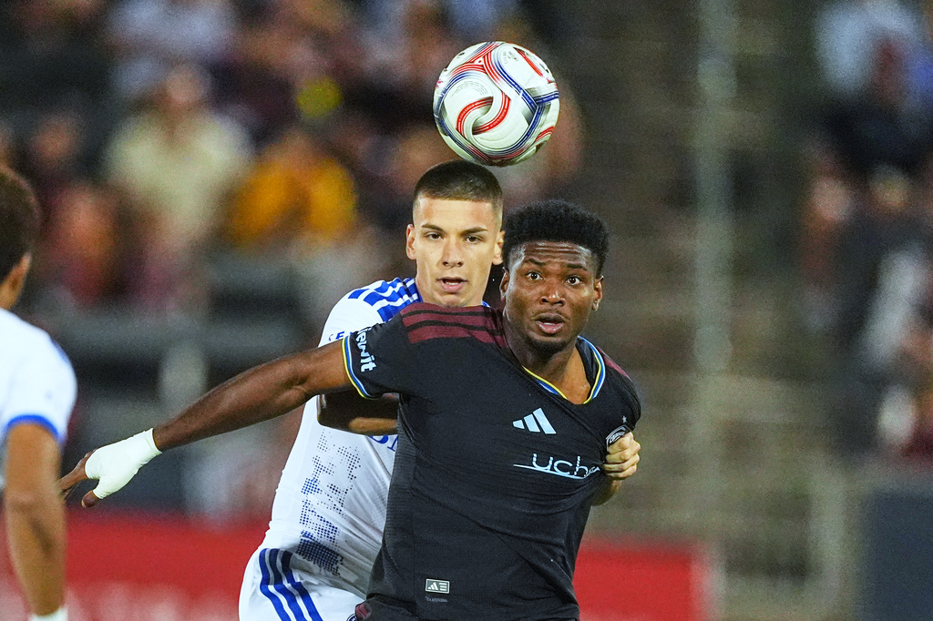 Colorado Rapids forward Donavan Phillip, front, pursues the ball with CF Montréal defender Viktor Radojević in the first half of an MLS soccer match Saturday, Sept. 12, 2026, in Dick's Sporting Goods Park in Commerce City, Colo. (AP Photo/David Zalubowski)