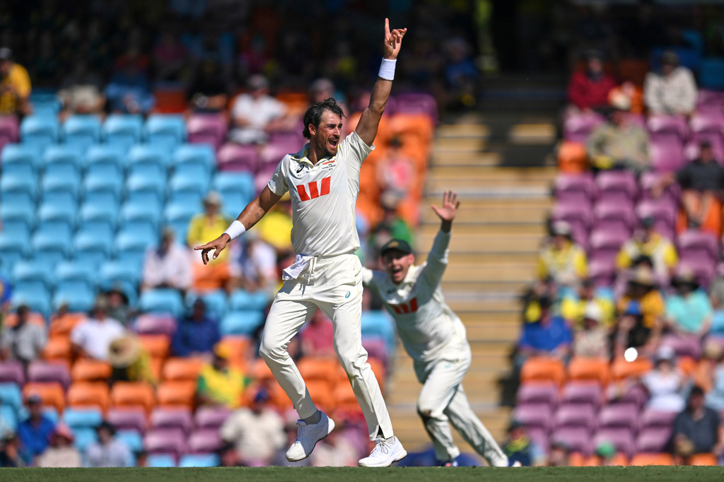 Mitchell Starc of Australia appeals unsuccessfully for a wicket during play on day two of the first cricket test against Bangladesh in Darwin, Australia, Friday, Aug.14, 2026, (James Ross/AAPImage via AP)