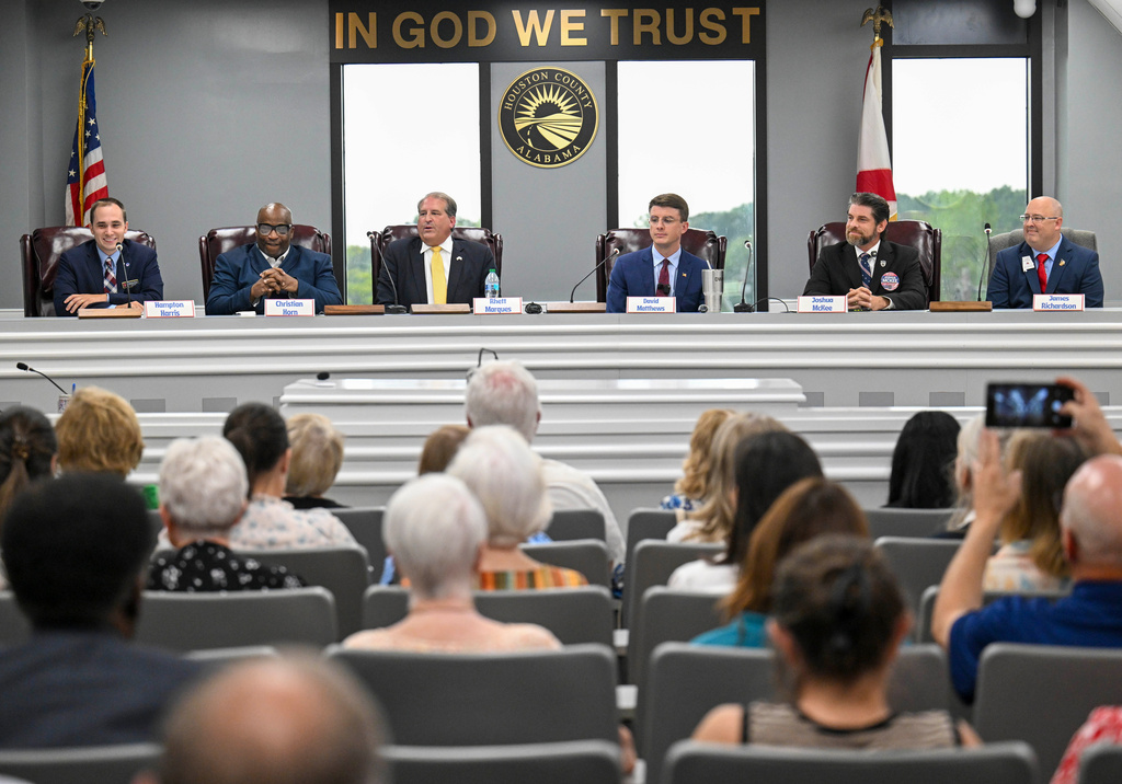 FILE - Candidates for U.S. Congressional District 2 speak to attendees, July 27, 2026, during a Houston County Republican Meet the Candidates event in Dothan, Ala. (AP Photo/Julie Bennett, File)