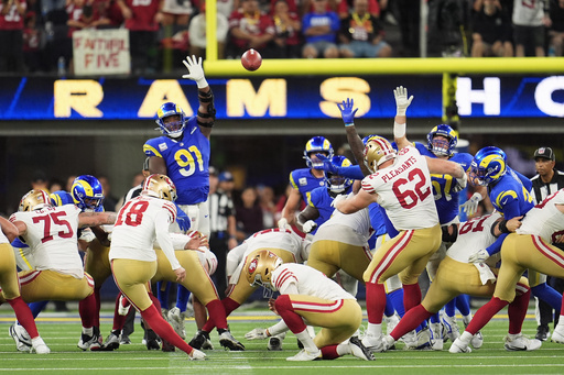 San Francisco 49ers kicker Eddy Piñeiro (18) kicks a field goal during overtime of an NFL football game against the Los Angeles Rams, Thursday, Oct. 2, 2025, in Inglewood, Calif. (AP Photo/Marcio Jose Sanchez) San Francisco 49ers kicker Eddy Piñeiro (18) kicks a field goal during overtime of an NFL football game against the Los Angeles Rams, Thursday, Oct. 2, 2025, in Inglewood, Calif. (AP Photo/Marcio Jose Sanchez)