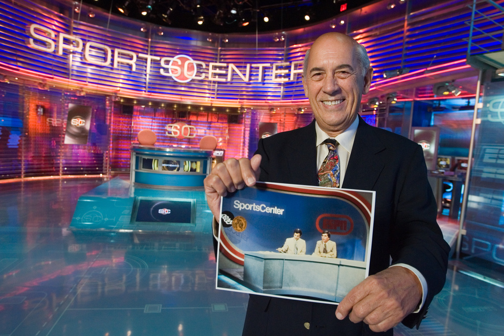This photo provided by ESPN Images shows co-founder Bill Rasmussen on the set of SportsCenter in Bristol, Conn., Oct. 6, 2005. (Rich Arden/ESPN Images via AP)