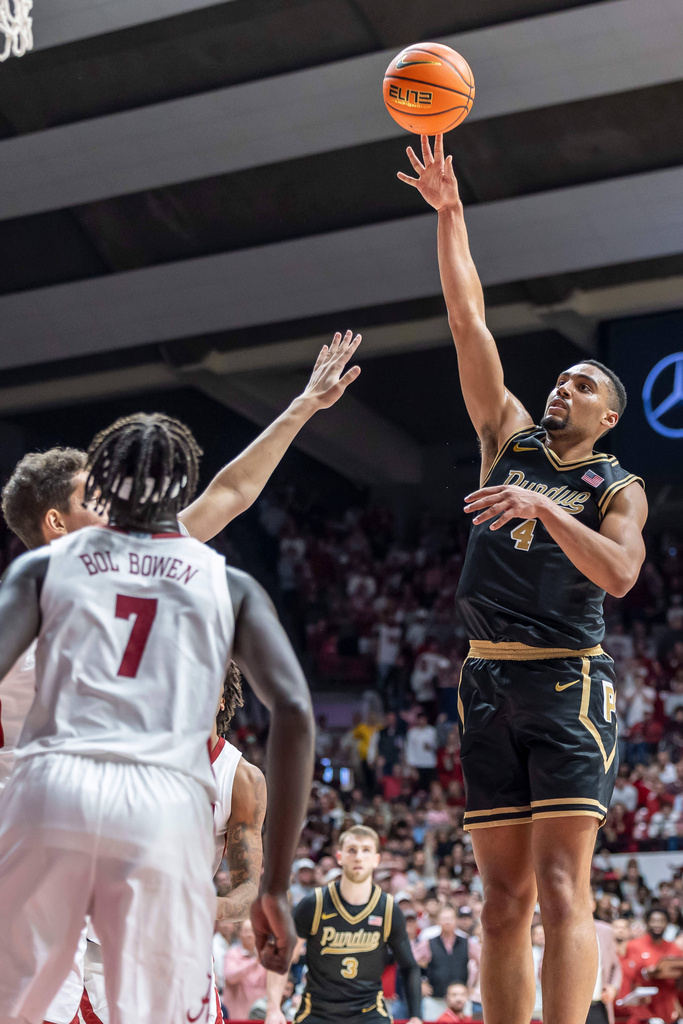 Purdue forward Trey Kaufman-Renn (4) shoots during the second half of an NCAA college basketball game against Alabama, Thursday, Nov. 13, 2025, in Tuscaloosa, Ala. (AP Photo/Vasha Hunt)