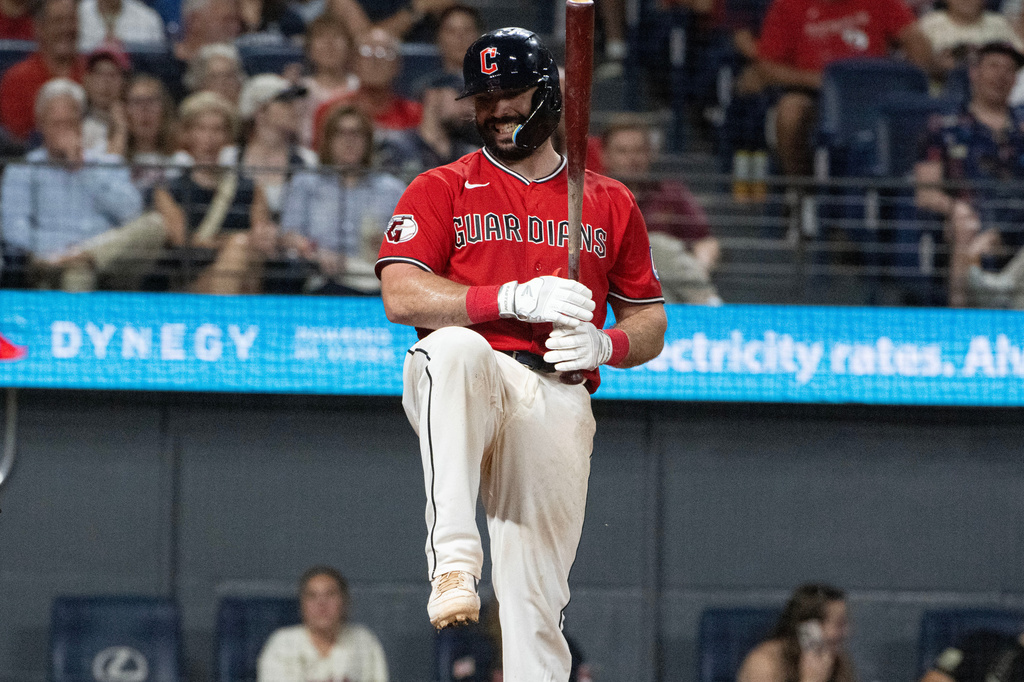 Cleveland Guardians' Austin Hedges reacts after a strike out by Arizona Diamondbacks relief pitcher Gerardo Carrillo during the sixth inning of a baseball game, Saturday, Aug. 1, 2026, in Cleveland. (AP Photo/Phil Long)