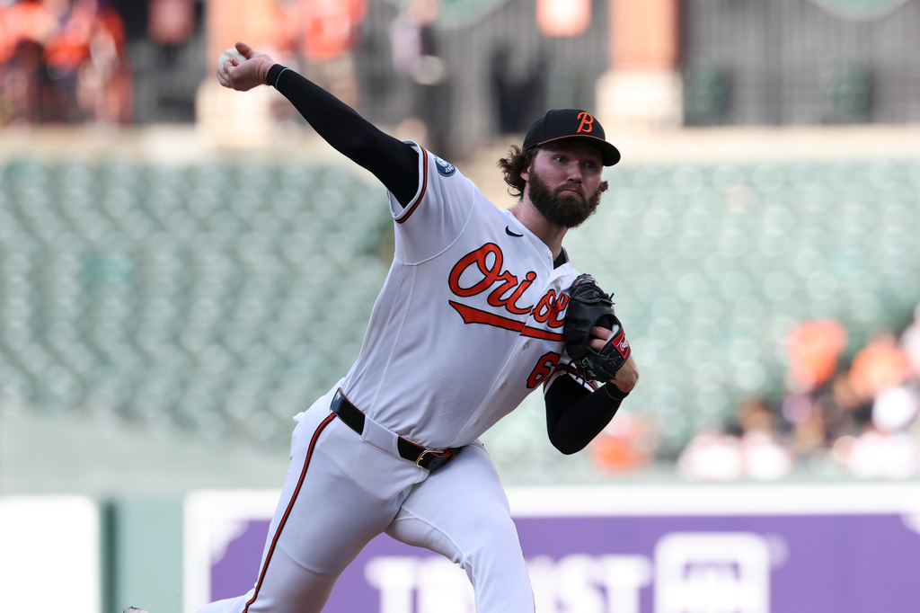 Baltimore Orioles pitcher Brandon Young throws during the first inning of a baseball game against the Seattle Mariners, Wednesday, June 10, 2026, in Baltimore. (AP Photo/Terrance Williams)