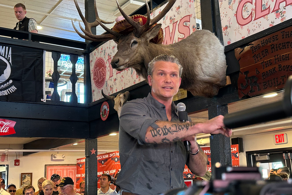 Defense Secretary Pete Hegseth appears at a campaign event for U.S. Rep. Zach Nunn, R-Iowa, Monday, Aug. 17, 2026, at the Iowa State Fair in Des Moines, Iowa. (AP Photo/Hannah Fingerhut)