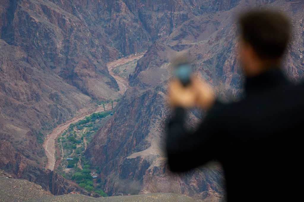 Buildings are seen in a flood damaged Bright Angel Canyon the Grand Canyon, Monday, Aug. 31, 2026, in Grand Canyon National Park, Ariz. (AP Photo/John Locher)