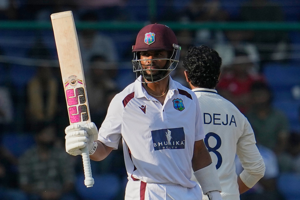 West Indies' Shai Hope celebrates after scoring fifty runs on the third day of the second cricket test match between India and West Indies at the Arun Jaitley Stadium in New Delhi, India, Sunday, Oct.12, 2025. (AP Photo/Manish Swarup)