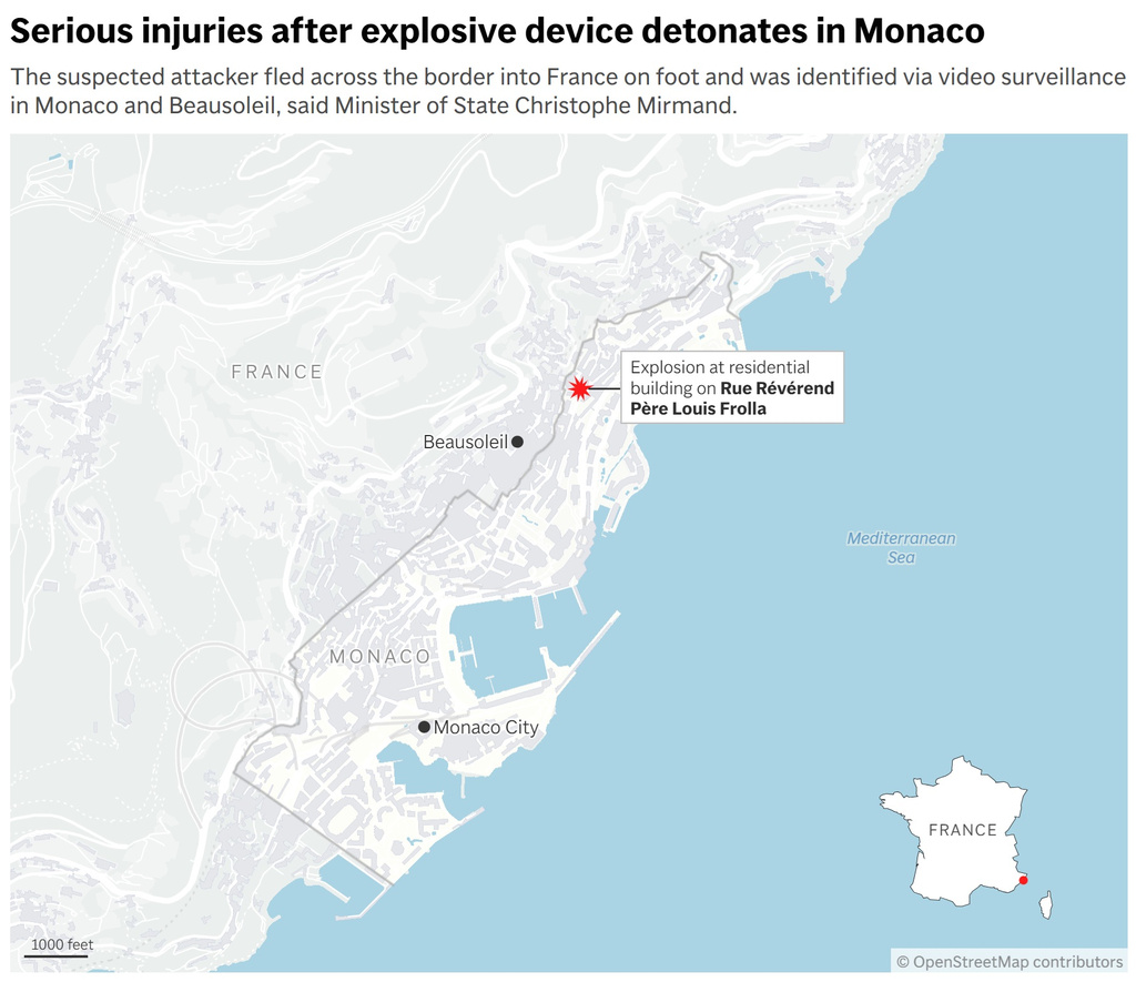 Map showing where an explosion caused multiple injuries in Monaco. (AP Digital Embed)