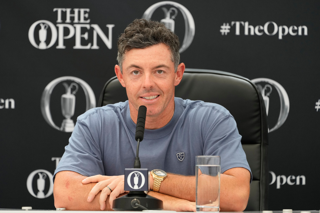 Rory McIlroy of Northern Ireland speaks at a press conference ahead of the British Open Golf championships at Royal Birkdale golf club, in Southport, England, Tuesday, July 14, 2026. (AP Photo/David Goldman)