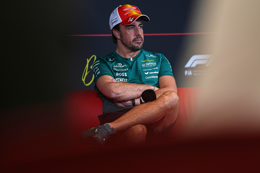 Aston Martin driver Fernando Alonso of Spain attends a press conference ahead of the Spanish Formula One Grand Prix at the Barcelona Catalunya racetrack in Montmelo, near Barcelona, Spain, Thursday, June 11, 2026. (AP Photo/ Fatima Shbair)