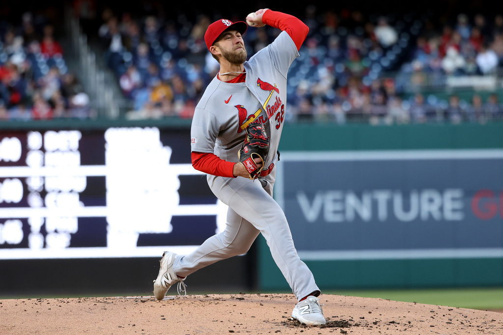 St. Louis Cardinals pitcher Matthew Liberatore throws during the first inning of a baseball game against the Washington Nationals, Tuesday, April 7, 2026, in Washington. (AP Photo/Daniel Kucin Jr.)