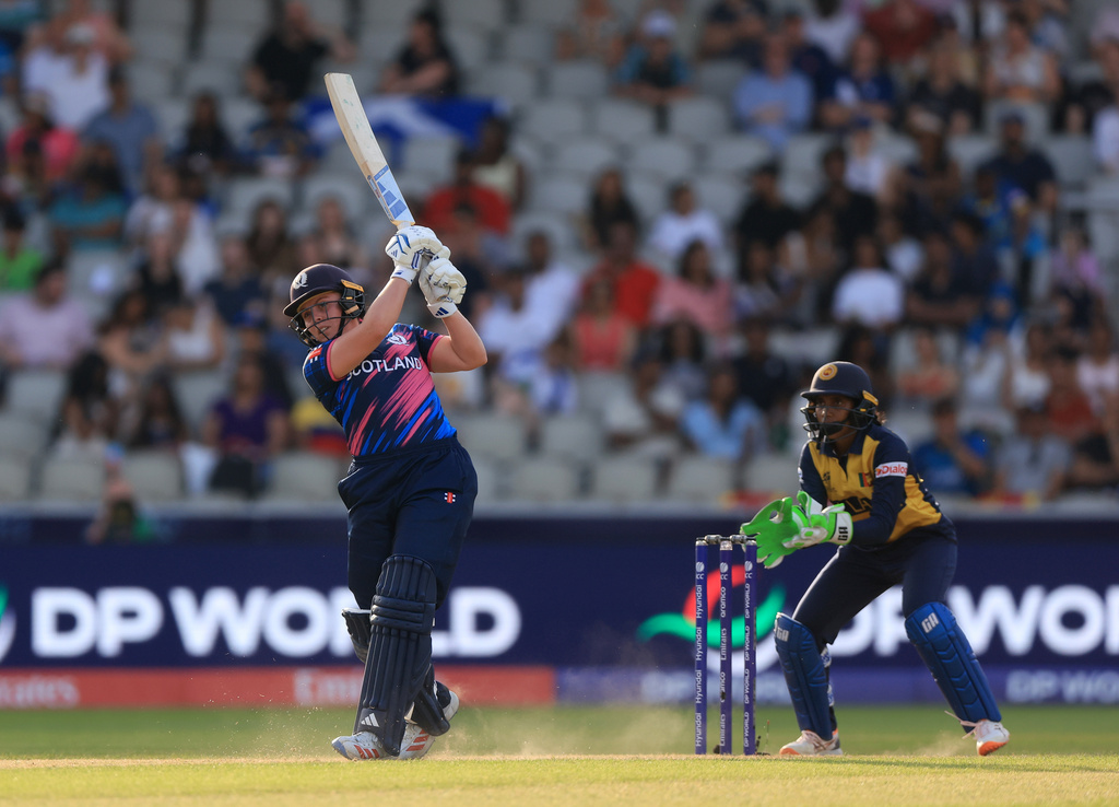 Scotland's Ailsa Lister bats during the ICC Women's T20 World Cup match at Emirates Old Trafford in Manchester, England, on Friday June 26, 2026. (Nigel French/PA via AP)