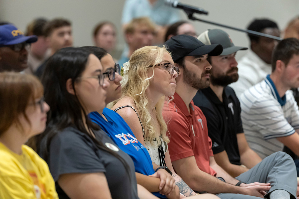 FILE - Attendees listen as Doug Jones, Democratic nominee for Governor of Alabama, speaks at a town hall hosted by Troy University College Democrats and the Pike County Democrats, Aug. 18, 2026, in Troy, Ala. (AP Photo/Vasha Hunt, File)