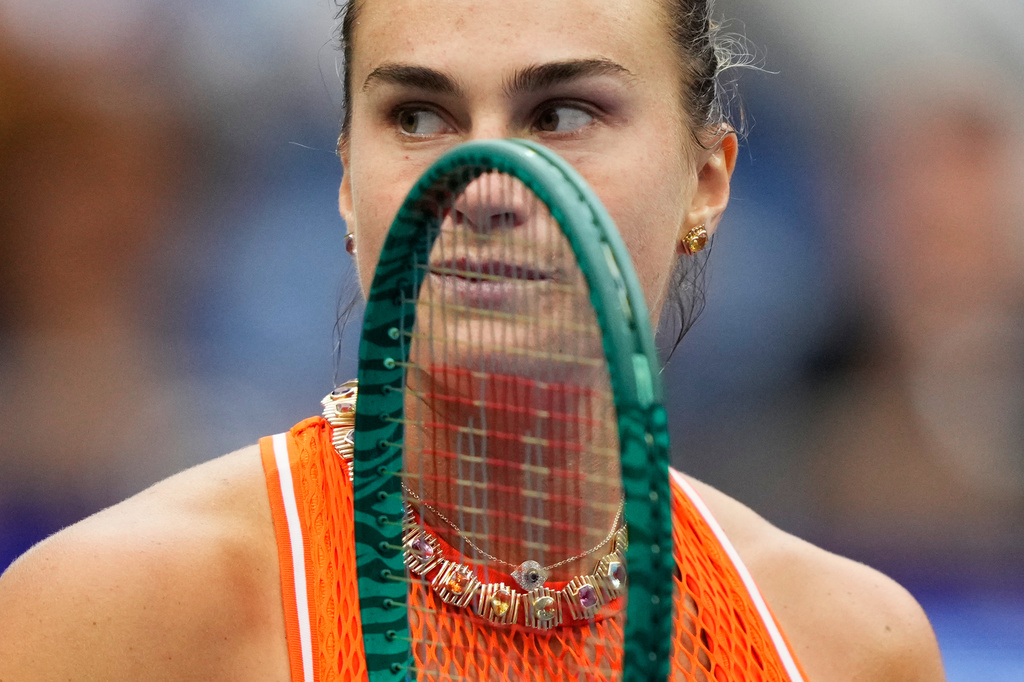 Aryna Sabalenka, of Belarus, reacts as she competes against Taylor Townsend, of the United States, during the fourth round of the U.S. Open tennis championships Sunday, Sept. 6, 2026, in New York. (AP Photo/Yuki Iwamura)