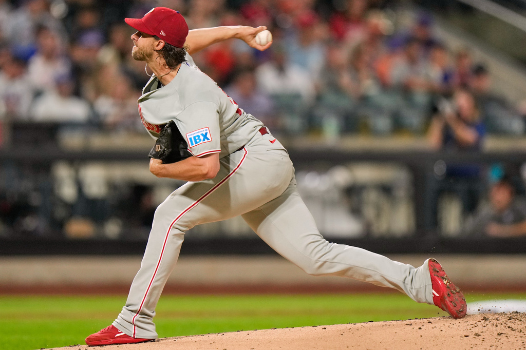 Philadelphia Phillies pitcher Aaron Nola throws during the first inning of a baseball game against the New York Mets, Thursday, Sept. 17, 2026, in New York. (AP Photo/Seth Wenig)