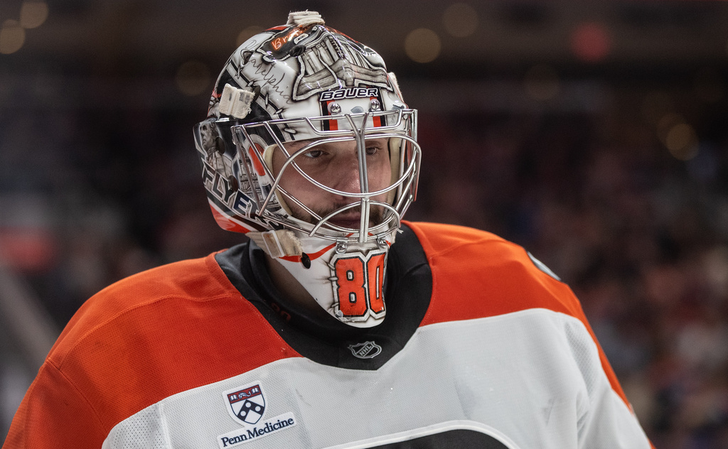 Philadelphia Flyers' goalie Dan Vladar (80) watches the play against the Edmonton Oilers during second period NHL action, in Edmonton on Saturday, Jan. 3, 2026. (Jason Franson/The Canadian Press via AP)