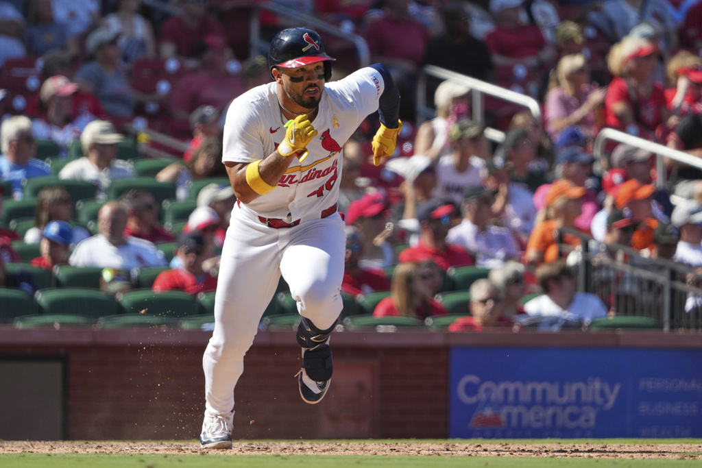 St. Louis Cardinals' Ivan Herrera doubles during the seventh inning of a baseball game against the San Francisco Giants Sunday, Sept. 7, 2025, in St. Louis. (AP Photo/Jeff Roberson)