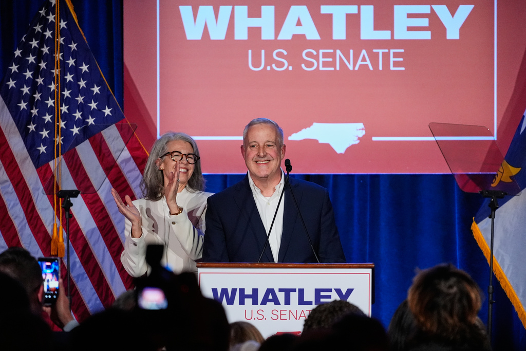 North Carolina Republican Senate candidate former RNC Chairman Michael Whatley speaks at a primary election night watch party Tuesday, March 3, 2026, in Charlotte, N.C. (AP Photo/Erik Verduzco)