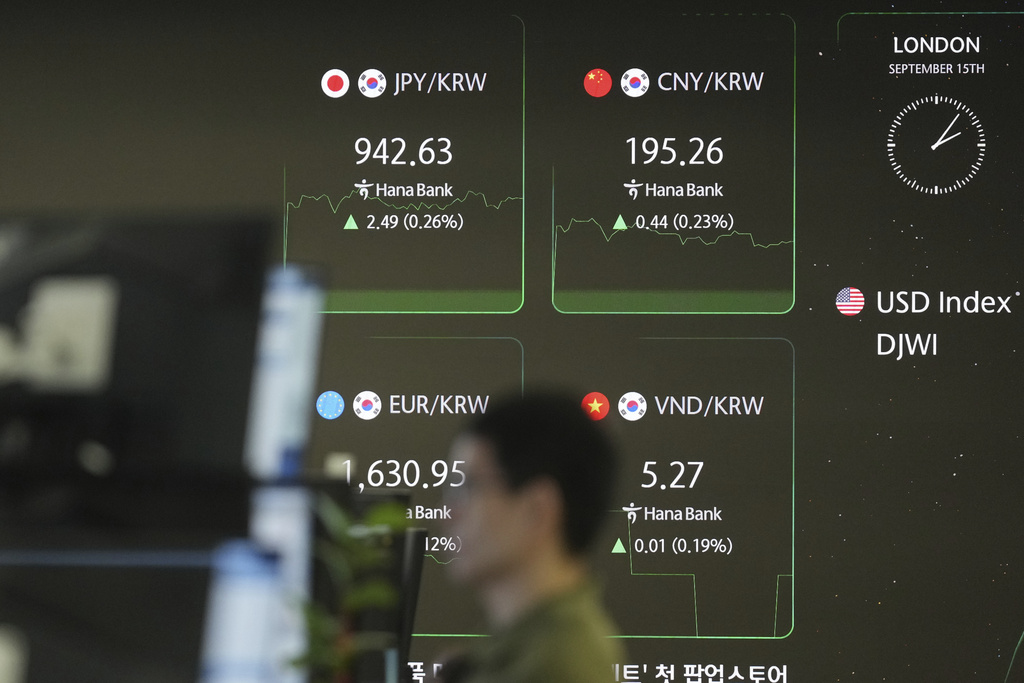 A dealer watches computer monitors near the screens showing the foreign exchange rates at a dealing room of Hana Bank in Seoul, South Korea, Monday, Sept. 15, 2025. (AP Photo/Lee Jin-man)