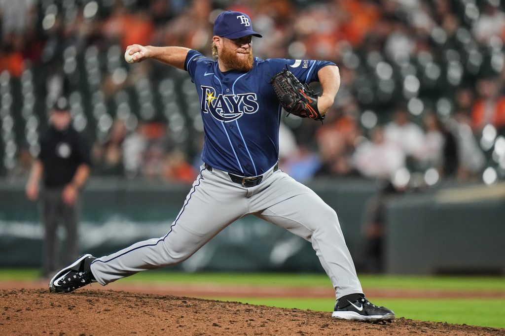 Tampa Bay Rays pitcher Craig Kimbrel delivers during the ninth inning of a baseball game against the Baltimore Orioles, Tuesday, May 26, 2026, in Baltimore. (AP Photo/Stephanie Scarbrough)